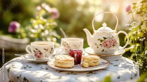 A table set for afternoon tea with a teacup, teapot, scones, and jam, on a garden table with soft sunlight