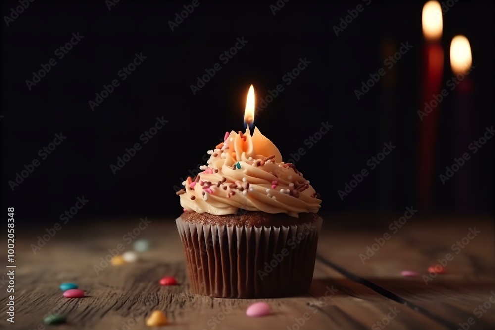 Cupcake with a Lighted Birthday Candle on Wooden Table, celebration, dessert, sweet, frosting, party, cake, pastry, wooden background Cupcake with a Lighted Birthday Candle on Wooden Table, celebration, dessert, sweet, frosting, party, cake, pastry, wooden background