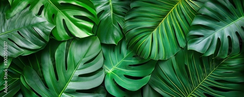 Close-up background of tropical green leaves. New wallpaper banner concept with a flat layout.