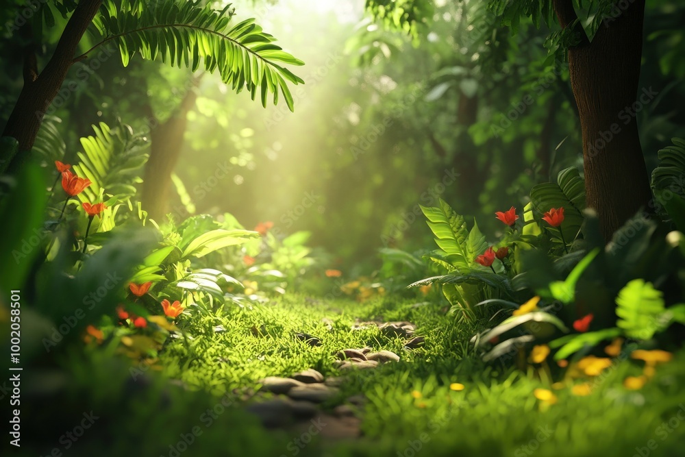 Fototapeta premium Sunlit Path Through Lush Green Jungle with Red Flowers