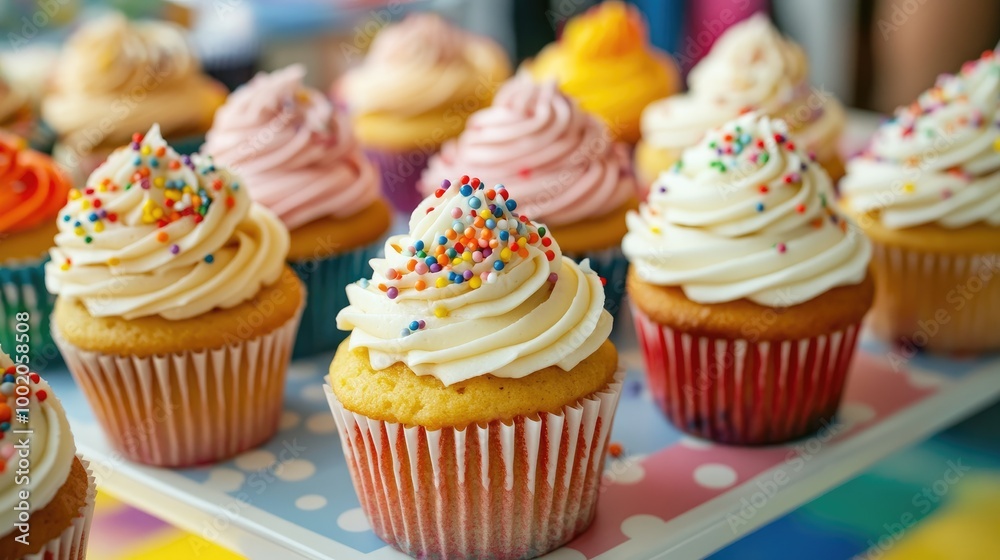 A variety of freshly baked cupcakes, frosted and decorated with sprinkles, ready for a birthday party or celebration, set on a colorful dessert table A variety of freshly baked cupcakes, frosted and decorated with sprinkles, ready for a birthday party or celebration, set on a colorful dessert table