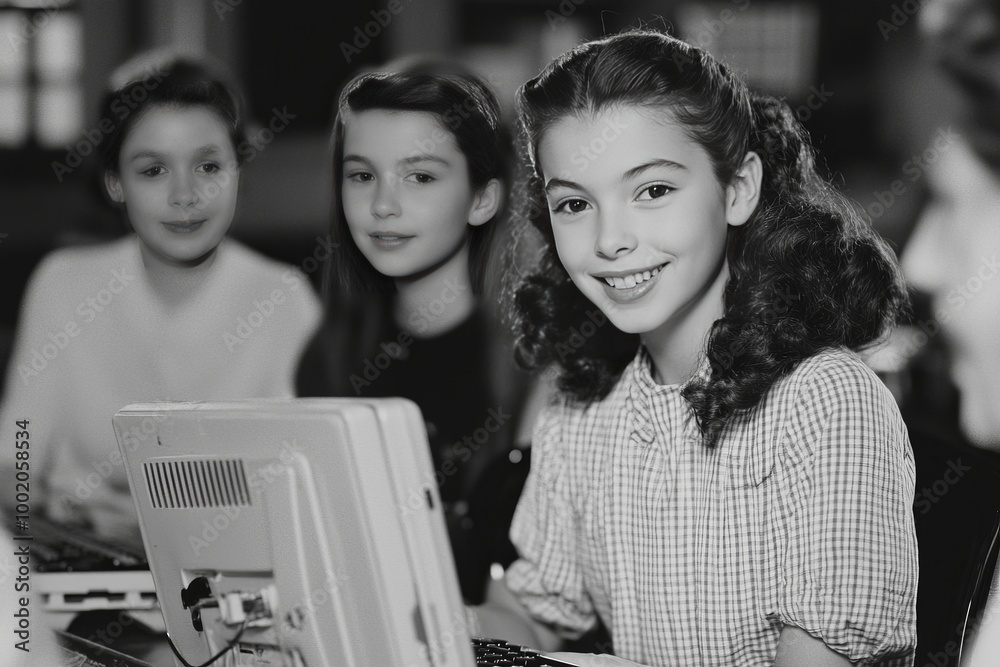 A young girl teaching her friends how to use a new software. Everyone is gathered around a large table A young girl teaching her friends how to use a new software. Everyone is gathered around a large table