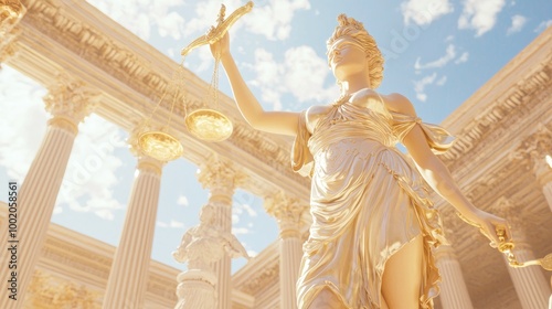 Justice of the Ancients: Cinematic Portrayal of Libra, the Greek Goddess, with Scales in Hand Against Classical Architecture Backdrop