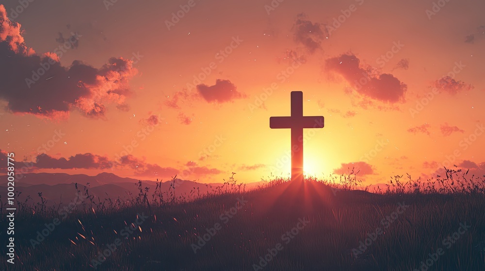 Cross icon silhouetted against a sunset on a hill, evoking a sense of serenity. Cross icon silhouetted against a sunset on a hill, evoking a sense of serenity.