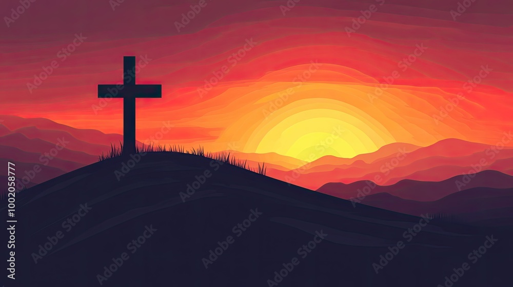 Cross icon silhouetted against a sunset on a hill, evoking a sense of serenity.