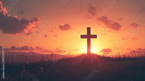 Cross icon silhouetted against a sunset on a hill, evoking a sense of serenity.