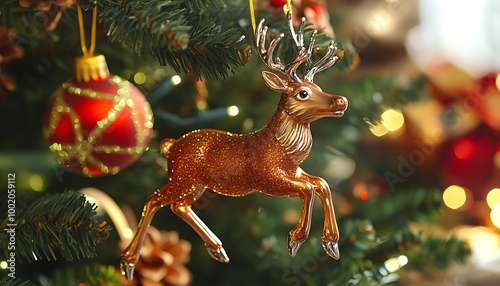 A close-up of a reindeer ornament with shiny accents beautifully suspended from a decorated Christmas tree photo