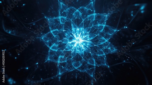 Abstract glowing blue lines forming a circular, mandala-like pattern on a dark background, creating a futuristic and meditative feel