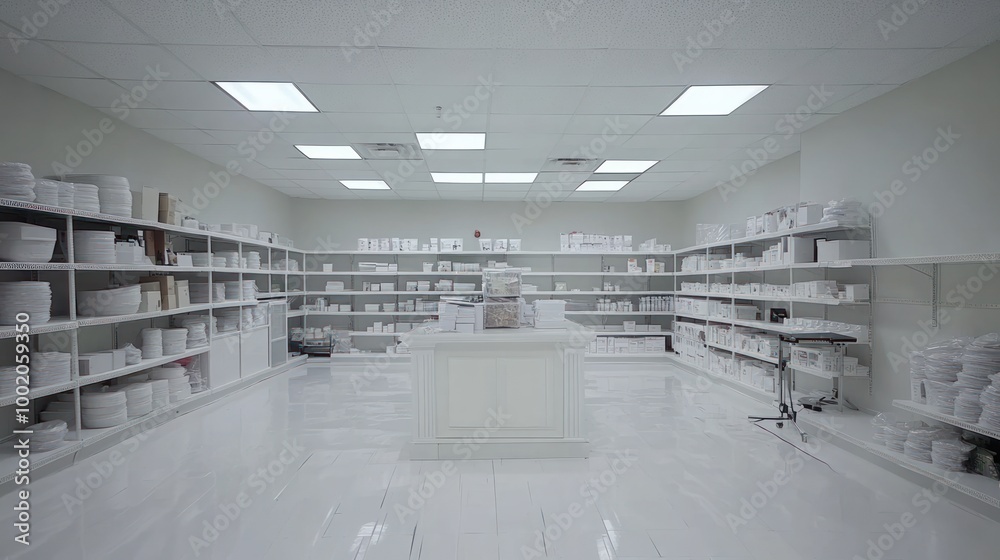 A white room filled with shelves stocked with white bowls and containers. A white room filled with shelves stocked with white bowls and containers.