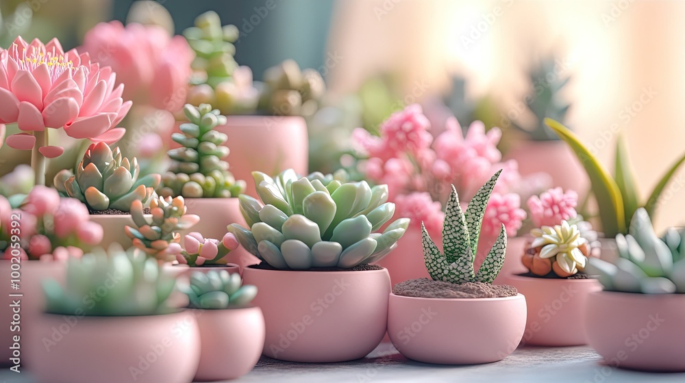 A colorful garden of cacti and flowers is displayed in a pink and blue background. The garden is full of life and color, creating a cheerful. Generative AI A colorful garden of cacti and flowers is displayed in a pink and blue background. The garden is full of life and color, creating a cheerful. Generative AI
