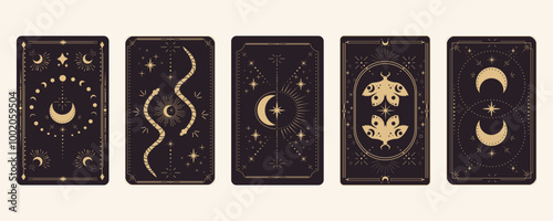 Tarot reverce border magic sacred frame gold line border celelstial mystery esoteric cover card decoration with snake moth stars and moon on dark background.