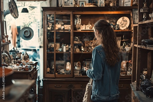 A young woman explores a charming antique shop, excited to discover vintage items that hold whispers of history.