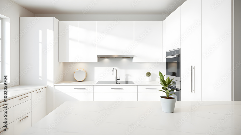 White modern kitchen interior with white walls, white countertops, white cupboards and a sink. 3d rendering mock up White modern kitchen interior with white walls, white countertops, white cupboards and a sink. 3d rendering mock up