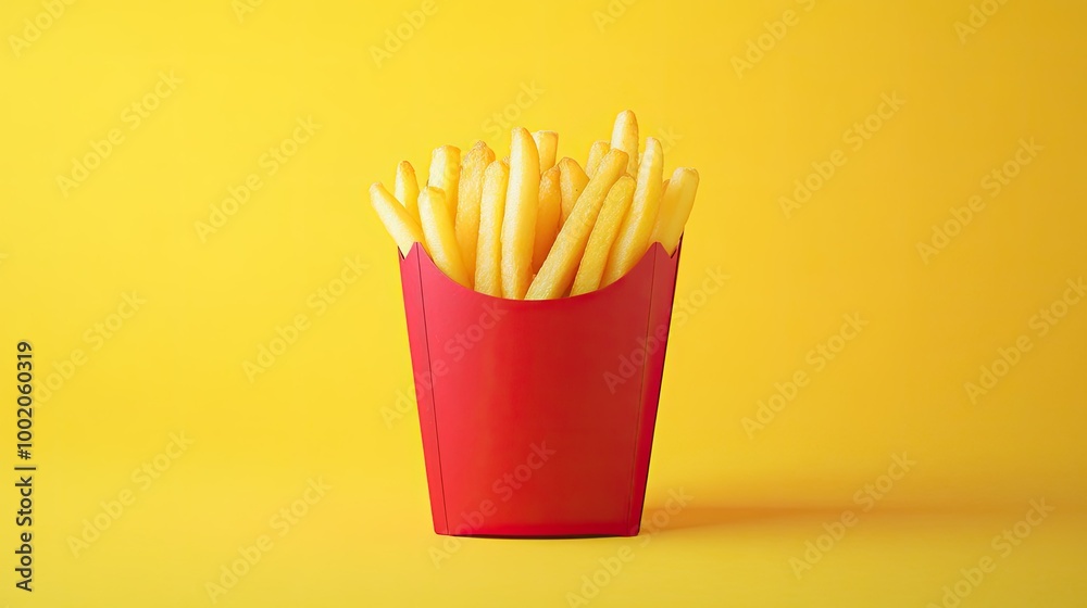 Icon of French fries in a red paper cup, placed against a bright yellow background for a fast-food theme. Icon of French fries in a red paper cup, placed against a bright yellow background for a fast-food theme.