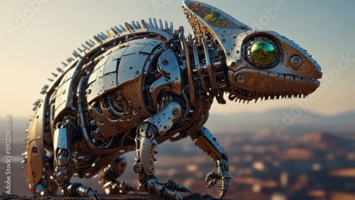 A metallic chameleon robot stands on a rocky surface, its body is made of gears, bolts, and other mechanical parts, with a green eye that glows in the desert landscape at sunset. photo