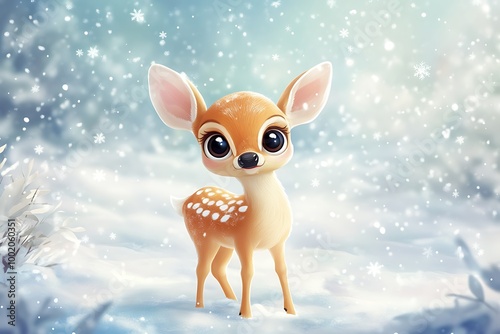 A cute cartoon deer with big eyes standing gracefully in a snowy winter landscape surrounded by soft snowflakes photo