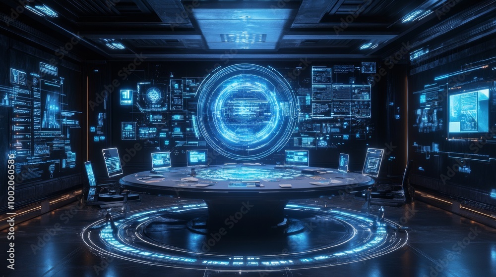 A modern study room with a circular table, students using holographic projectors to share notes and presentations, futuristic devices spread across the table. Futuristic, Hologram, High-tech,