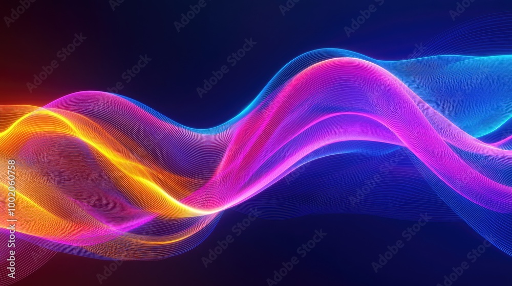 Glowing abstract lines flowing in a wave pattern with vibrant colors on a dark background, evoking speed, energy, and innovation