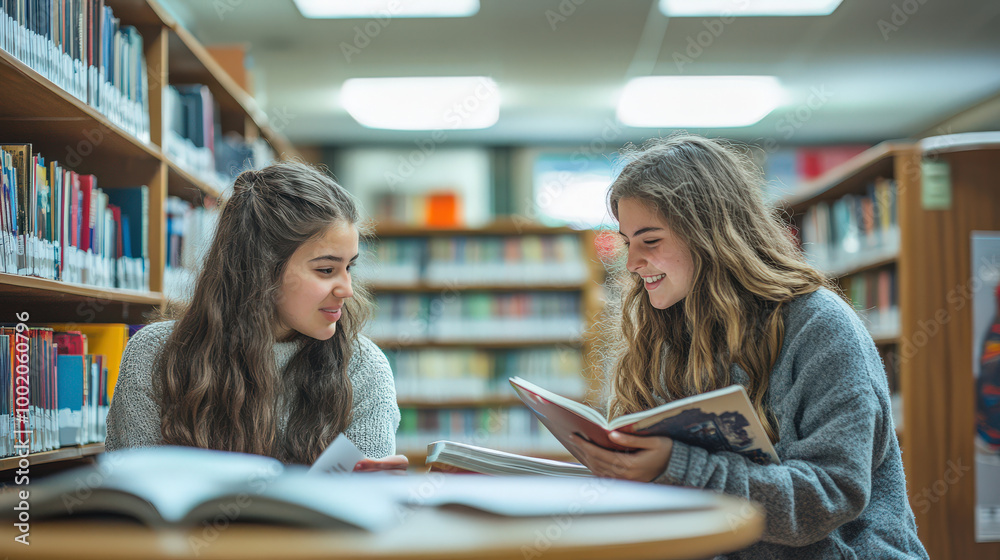 A cozy school library with shelves filled with books, where two student girl gathered a table, reading and discussing a project A cozy school library with shelves filled with books, where two student girl gathered a table, reading and discussing a project