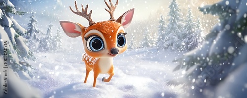 A charming cartoon deer with large eyes playfully exploring a snowy landscape surrounded by frosty trees and shimmering snow photo