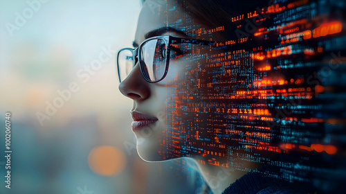 A thoughtful woman with glasses, reflecting digital data and innovation in a modern setting.
