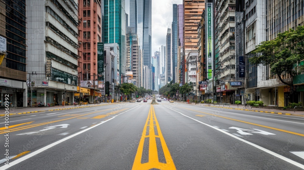 Fototapeta premium A wide, empty street in a city with tall buildings on both sides.
