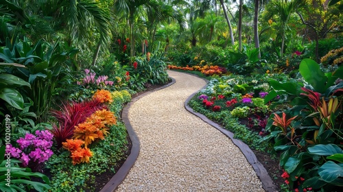 A pathway winding in a perfect circle through a garden of rare plants, tropical blooms, and delicate vines, in a serene and colorful botanical setting