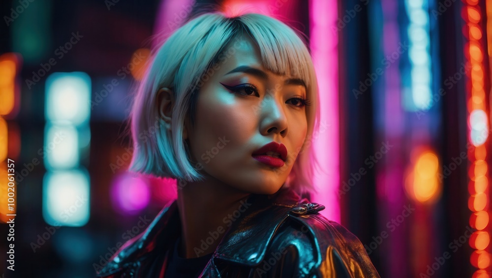 Woman in black jacket with bold makeup in surreal neon-lit urban setting Woman in black jacket with bold makeup in surreal neon-lit urban setting