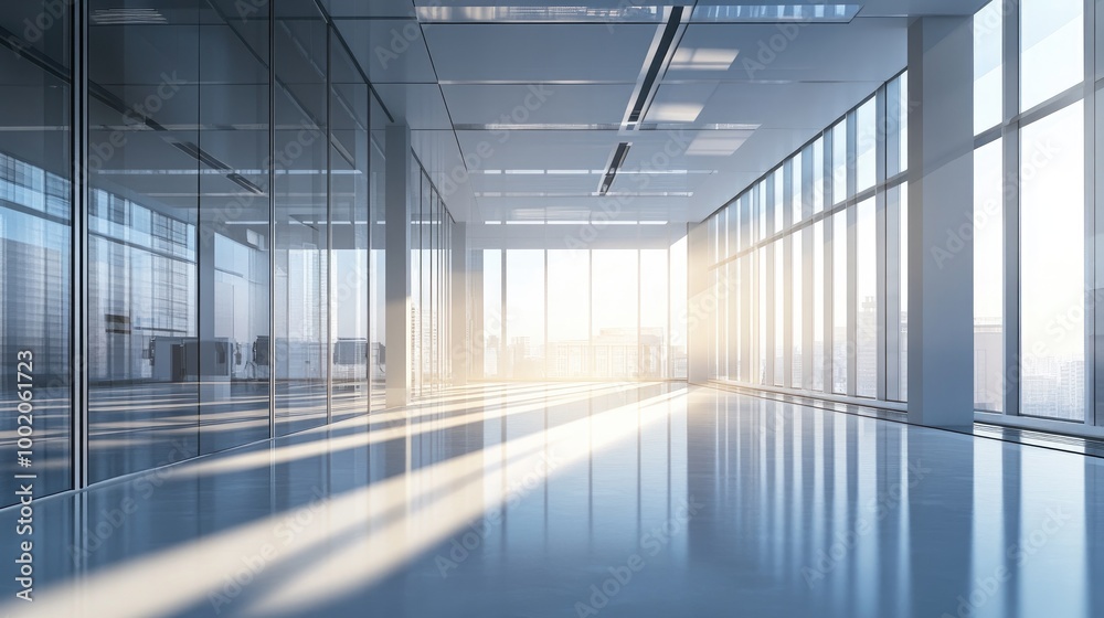 Sleek beams of light shining across a clean, modern office space, reflecting off glass surfaces and casting soft, elongated shadows Sleek beams of light shining across a clean, modern office space, reflecting off glass surfaces and casting soft, elongated shadows