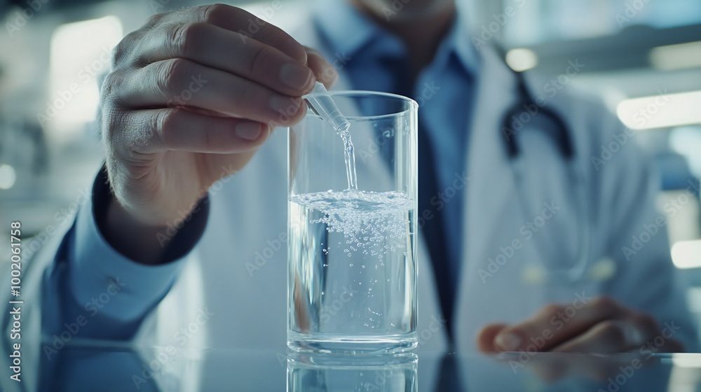 A close-up of a doctor testing the hardness of water that has been filtered, checking for mineral content. A close-up of a doctor testing the hardness of water that has been filtered, checking for mineral content.