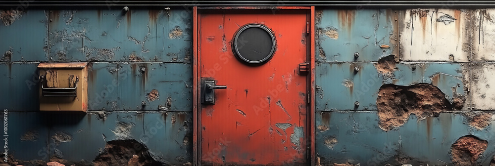 Red door with round window in a worn wall. Red door with round window in a worn wall.