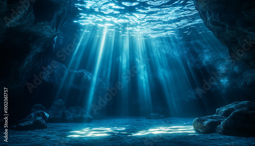 A deep, mysterious underwater cave with beams of light breaking through the water’s surface, creating an eerie and magical underwater world