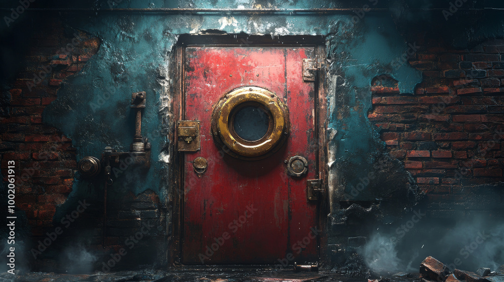 An old, red door with a porthole in a brick wall. An old, red door with a porthole in a brick wall.