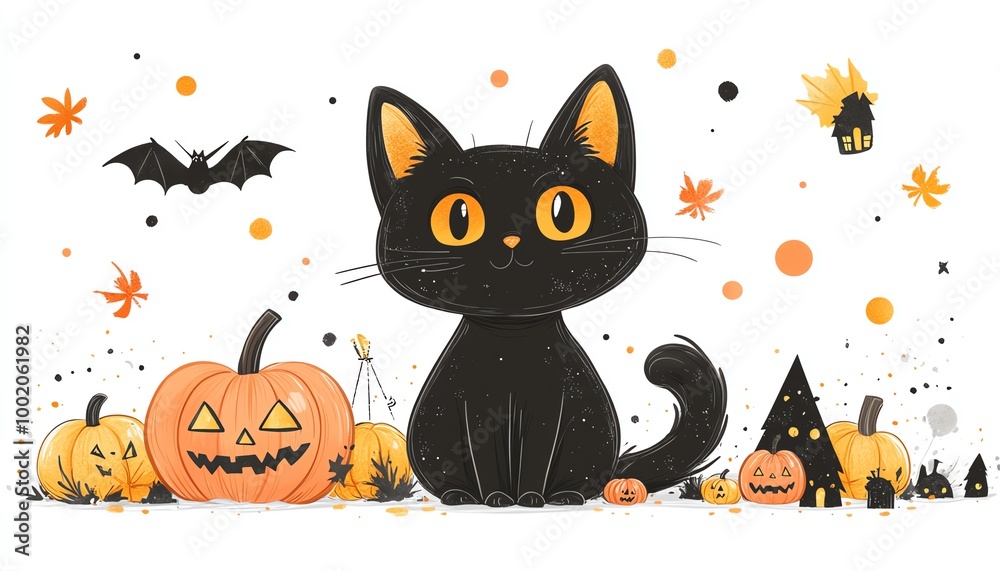 Whimsical Halloween illustration of a black kitten, white background, with cute Halloweenthemed elements Whimsical Halloween illustration of a black kitten, white background, with cute Halloweenthemed elements