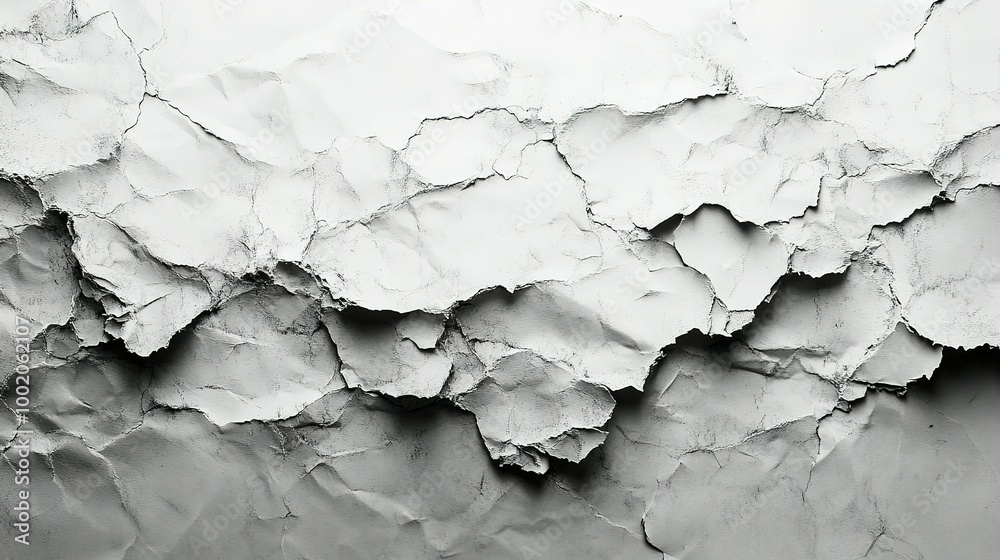 Naklejka premium Abstract Close-up of Crumpled White Paper with Cracks and Shadows