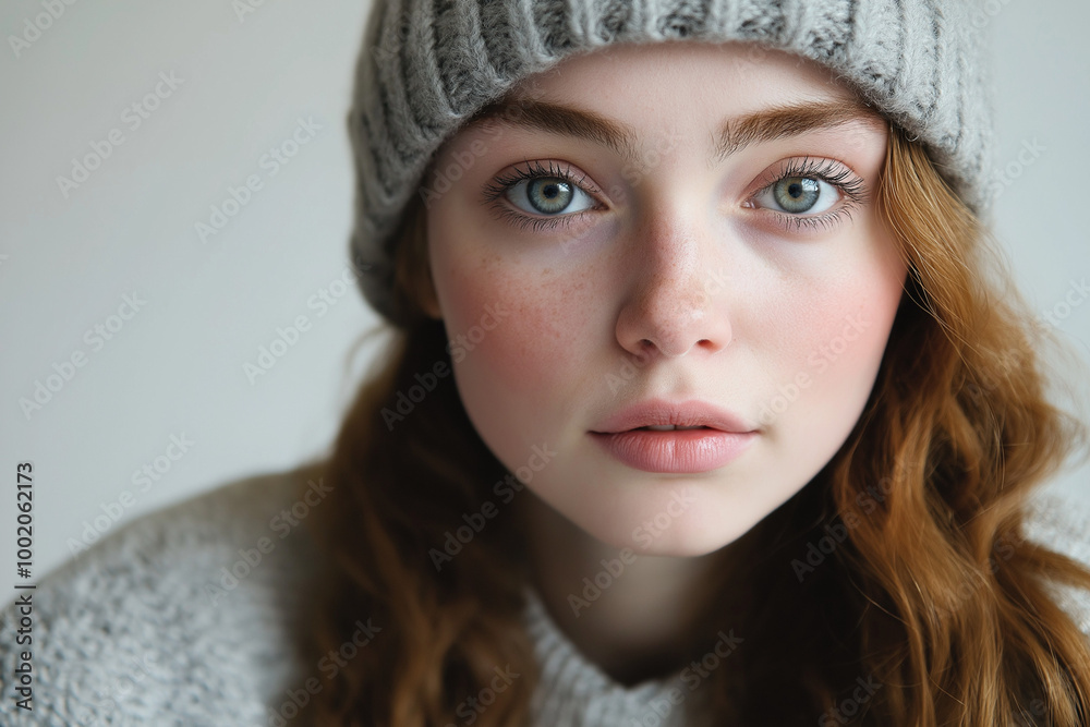 Young woman with freckles wearing knit hat in natural light. Young woman with freckles wearing knit hat in natural light.