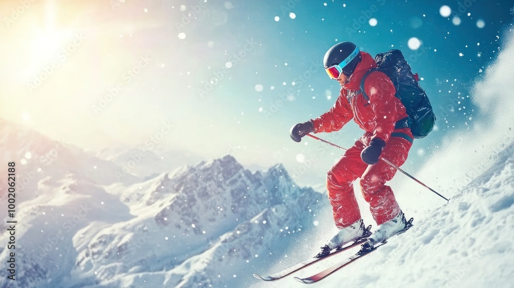 A skier in a red suit descends a snowy mountain slope with dynamic posture, with sunlight and flurries of snow enhancing the winter sports scene. A skier in a red suit descends a snowy mountain slope with dynamic posture, with sunlight and flurries of snow enhancing the winter sports scene.
