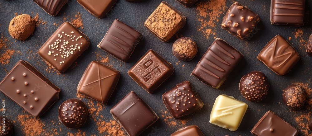 Assortment of delicious chocolate squares, truffles, and cocoa powder on a rustic dark background. Assortment of delicious chocolate squares, truffles, and cocoa powder on a rustic dark background.