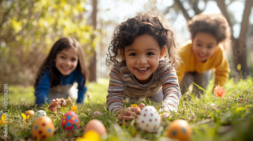 Photo of a group of  children eagerly participating in an Easter egg hunt