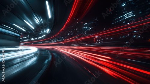 Sleek light trails of a speeding car captured at night, forming glowing lines of red and white across a dark, city street