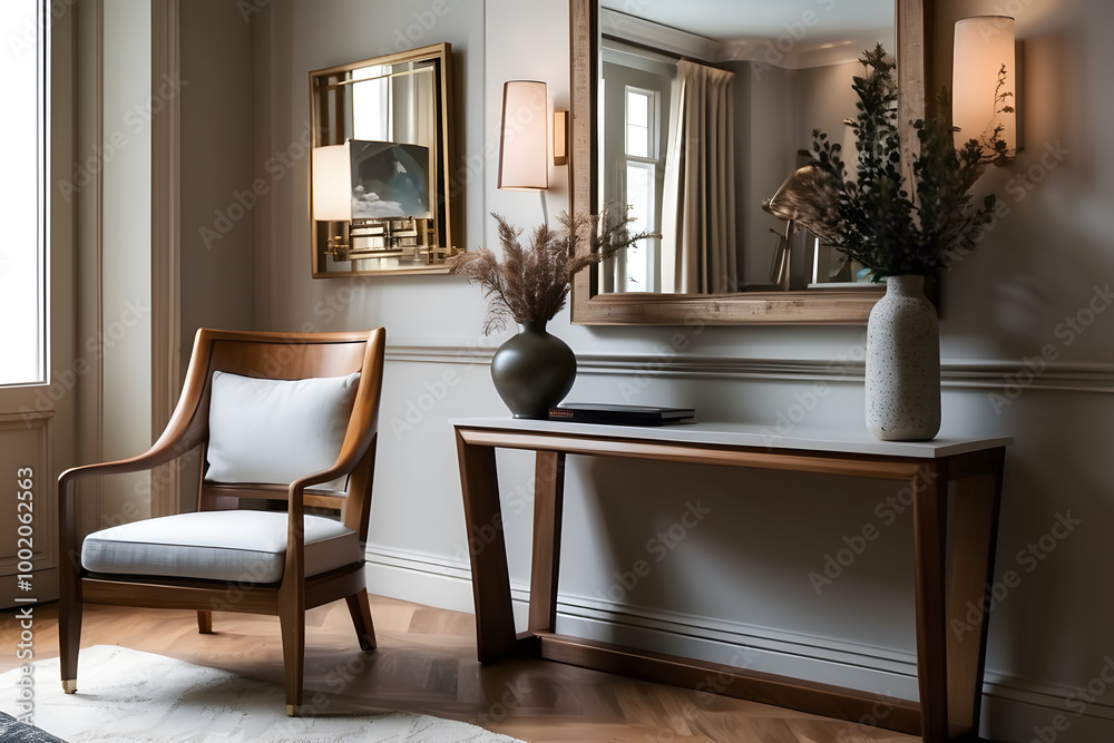 An elegant interior featuring a wooden chair and a sleek console table, accented by chic decor An elegant interior featuring a wooden chair and a sleek console table, accented by chic decor