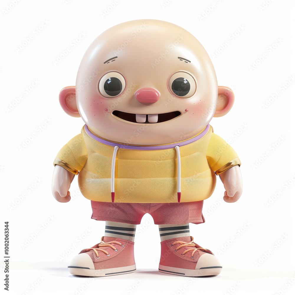Obraz premium cheerful character with big head, smiling face, and oversized shoes, wearing yellow hoodie and pink shorts. This playful design evokes joy and fun