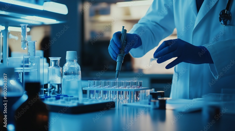 A front view of a doctor conducting a pH test in a research laboratory, with multiple water samples and testing tools A front view of a doctor conducting a pH test in a research laboratory, with multiple water samples and testing tools
