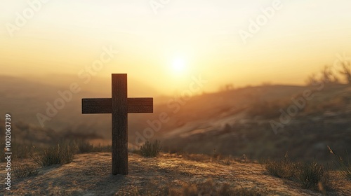 Simple wooden cross icon on a hill with a sunrise in the background.