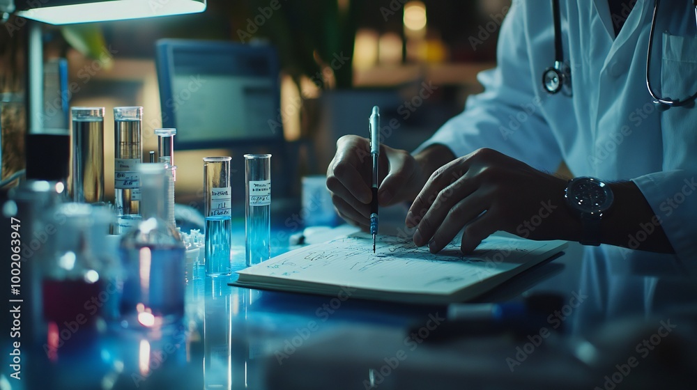 A front view of a doctor recording pH data in a lab notebook, surrounded by water samples and testing equipment. A front view of a doctor recording pH data in a lab notebook, surrounded by water samples and testing equipment.
