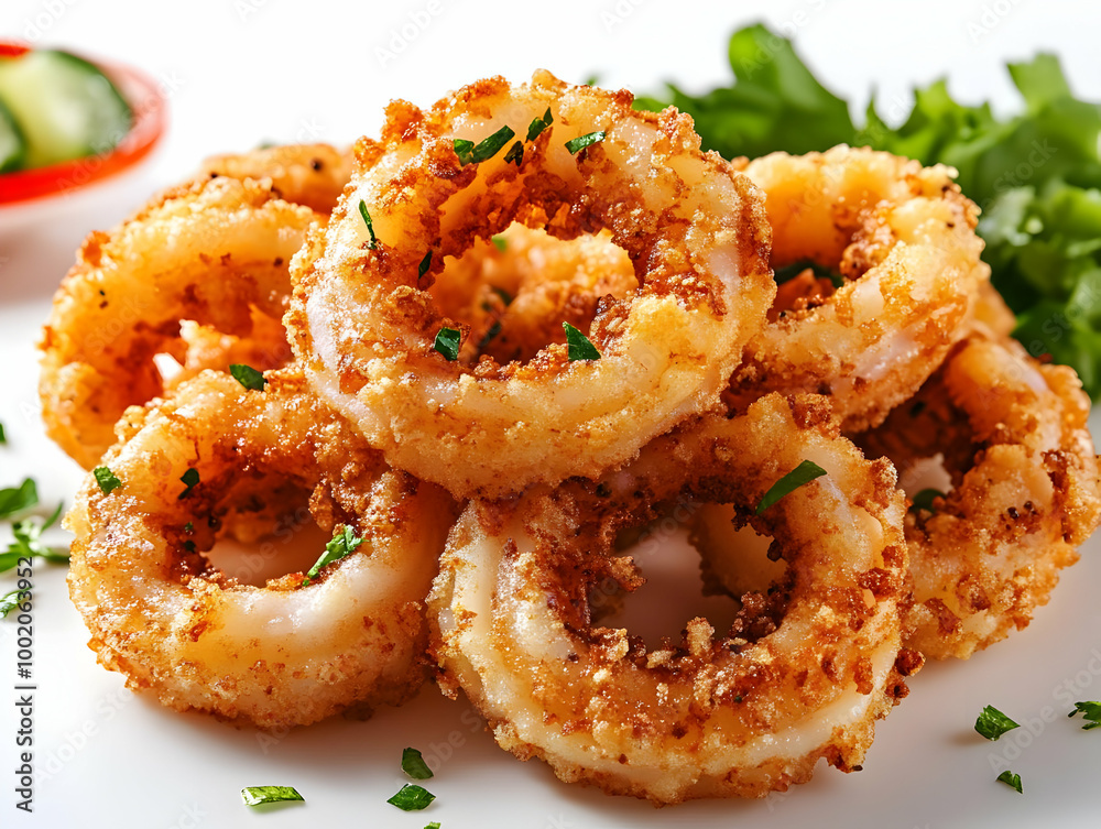 Crispy fried calamari rings garnished with parsley, served with a side of dipping sauce. Crispy fried calamari rings garnished with parsley, served with a side of dipping sauce.