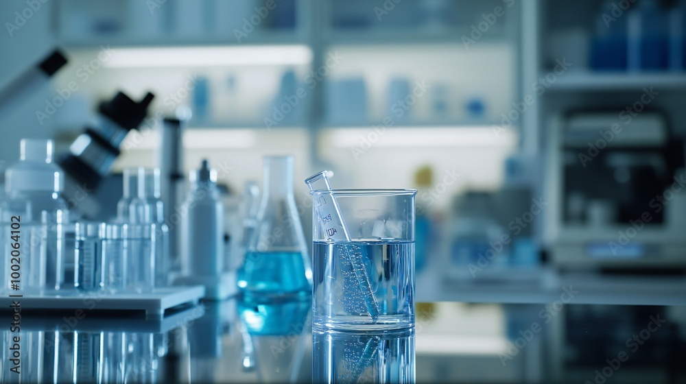 A front view of a doctor testing water pH in a modern laboratory setting, with various analytical instruments in the background. A front view of a doctor testing water pH in a modern laboratory setting, with various analytical instruments in the background.