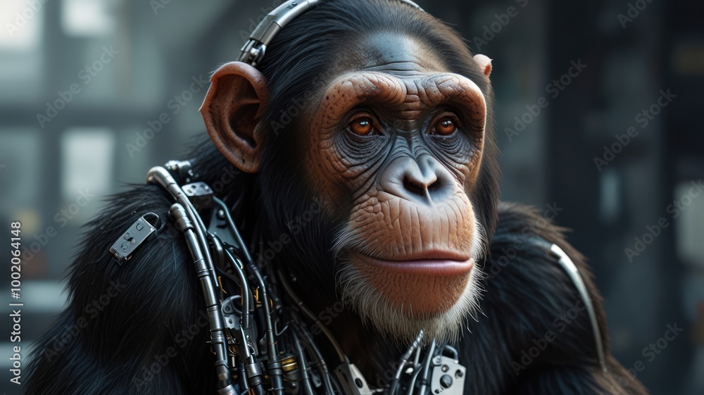 A close-up portrait of a chimpanzee with a serious expression, wearing a headset and robotic attachments. A close-up portrait of a chimpanzee with a serious expression, wearing a headset and robotic attachments.