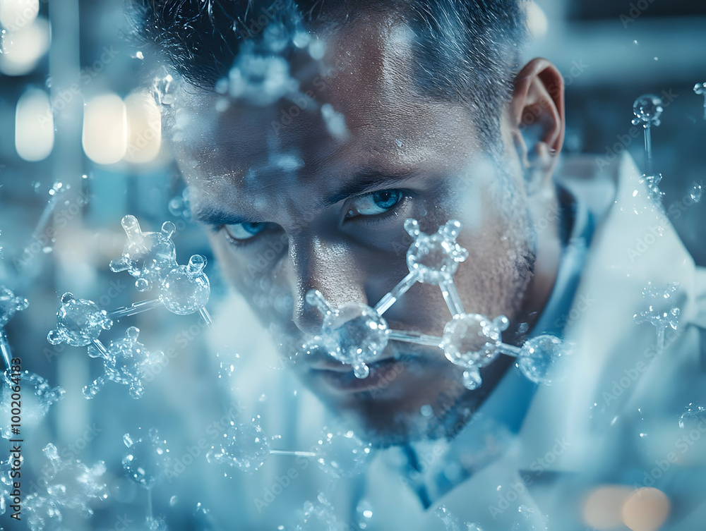 custom made wallpaper toronto digitalFocused scientist analyzing molecular structure in a lab setting, surrounded by scientific equipment and glassware.