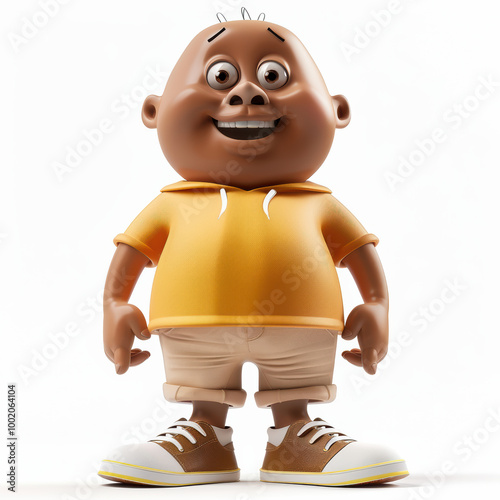 cheerful cartoon character with big head, smiling face, and oversized shoes, wearing yellow shirt and shorts. This playful design evokes joy and fun